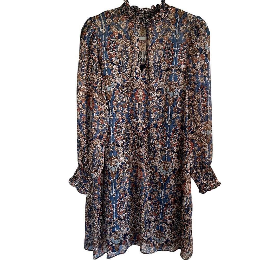 Tommy Hilfiger Size 10 Blue Paisley Floral Chiffon Dress Lined Long Sleeve Boho